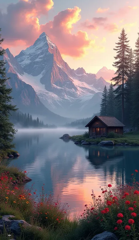 A serene mountain landscape at sunrise, with a calm lake reflecting the snow-capped peaks and vibrant orange and pink hues in the sky. The foreground is filled with colorful wildflowers, and a small wooden cabin sits by the water