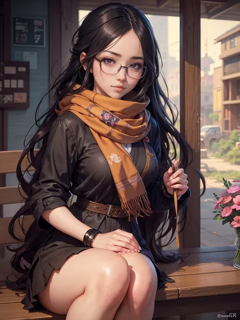 anime girl with glasses and a scarf with flowers, artwork in the style of guweiz, guweiz,  detailed portrait of an anime girl,  long wavy black hair and glasses, cute anime portrait,  detailed anime digital art ,  stunning anime face portrait , with glasse...