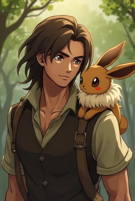 Brunette boy with long hair and a semi-long beard accompanied by eevee on his shoulder