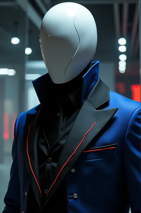 Make a Strategist using a white faceless mask and a stylish outfit with blue, black and red colors for twitch profile  