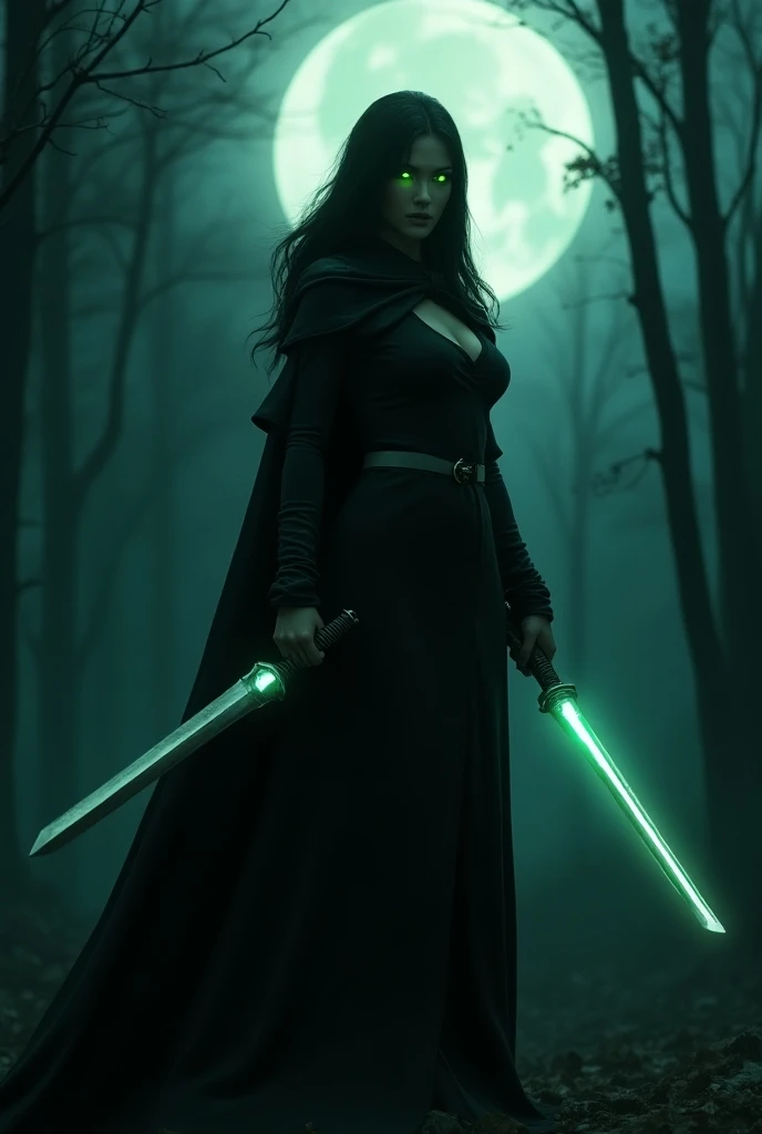  Woman, HDR, suit, Hello Ryun is in the forest (night). Her black cape clings to her body, as if taking on a shadow, and glowing green eyes. Sharp, elegant blades shine in your hands.