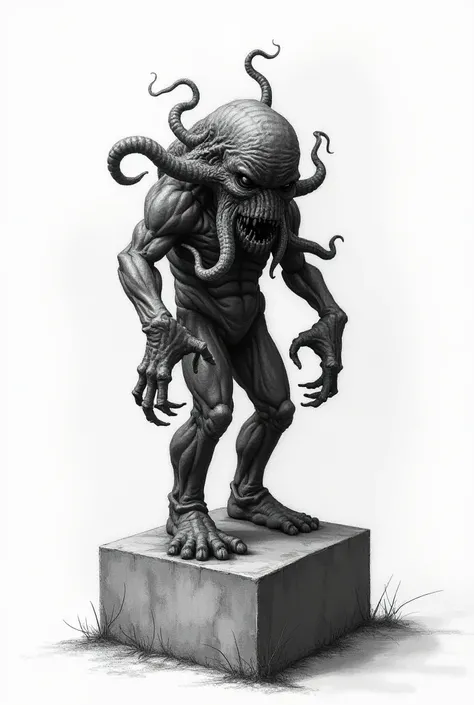 Cthulhu statuette with a malevolent and strange aura , anthropomorphic, on a rectangular block in a drawing with black and white pointillism technique