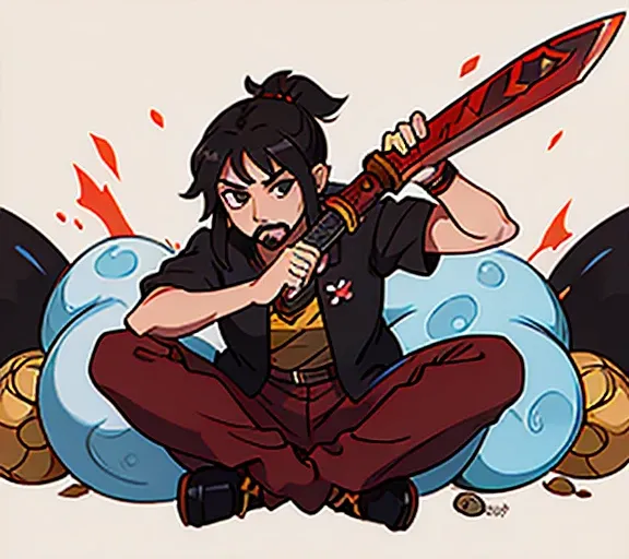 a warrior, with a goatee,  black hair , pele morena,samurai shell, sitting,  with a red sword ,