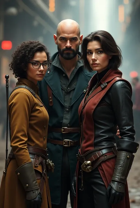 1600 Years 3 Musketeers, two women, one man ,  with dark brown hair, one of the women with curly short hair glasses, the other woman is normal , the man is bald brunette with a beard 