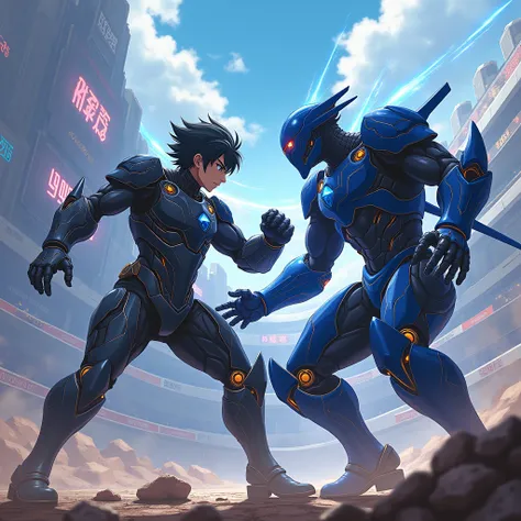 A black-haired man with armor from the future almost destroyed fighting with an almost pre-owned robot in blue and black, future edition and in a fighting stadium of the future and in anime 