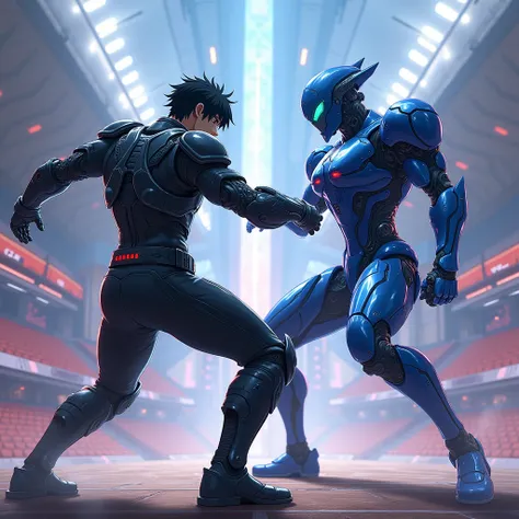 A black-haired man with armor from the future almost destroyed fighting with an almost pre-owned robot in blue and black, future edition and in a fighting stadium of the future and in anime 