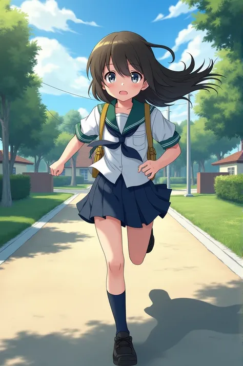 A   in a school dress is running towards a house