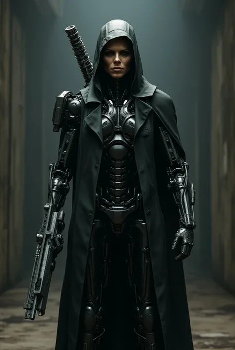 Terminator with weapons in hand and human face 