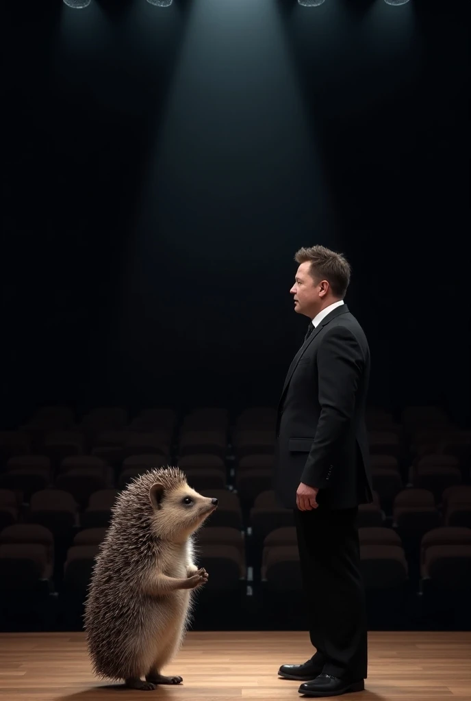 Hedgehog Animal and Elon Musk standing  on stage for debate
