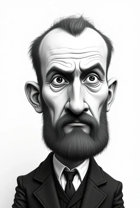 Dostoevsky full body black and white cartoon with big head