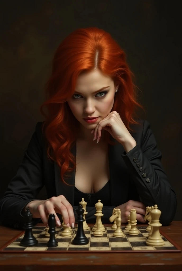 Redheaded woman playing chess