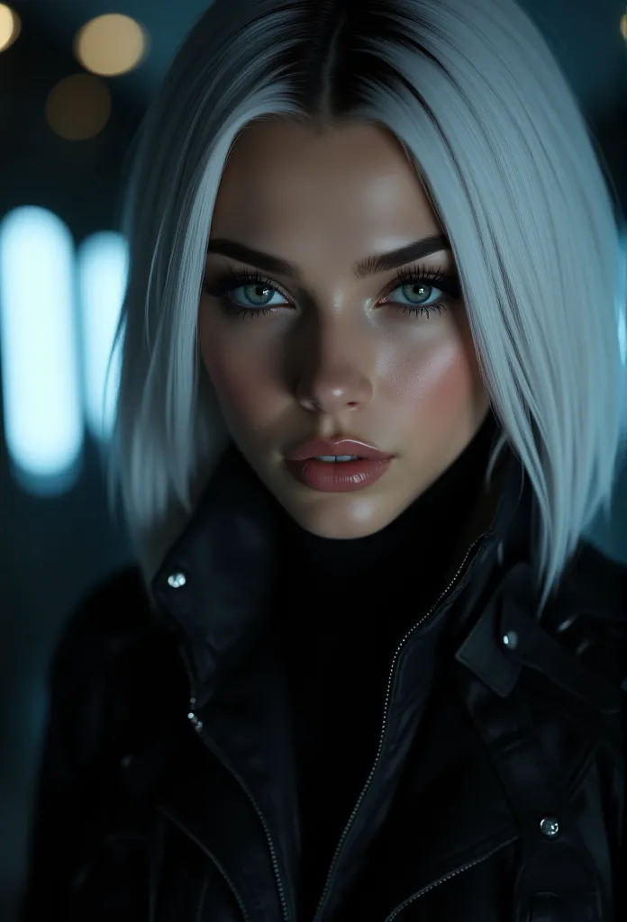 a hyperdetailed close-up portrait of a striking and sexy female assassin with white, sleek, shoulder-length hair framing her fac...