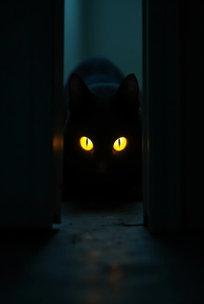 Under a door seal, two yellow eyes , glowing in the dark,  staring at him intently 