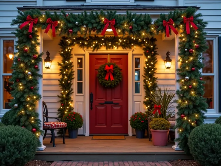 A traditional holiday scene at the entrance of a home, with a classic green pine garland draped across the front door. The garland is adorned with bright red ribbons, traditional ornaments, and twinkling white lights. The front porch, with its warm wooden ...