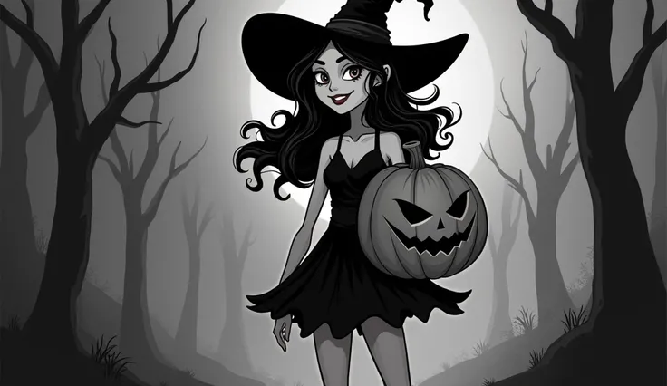 Create a beautiful witch who wears short clothes, this witch carries a scary pumpkin, the witch has a pleasant countenance. In black and white, in the old cartoon style. If possible, highlight the word "BANKA"