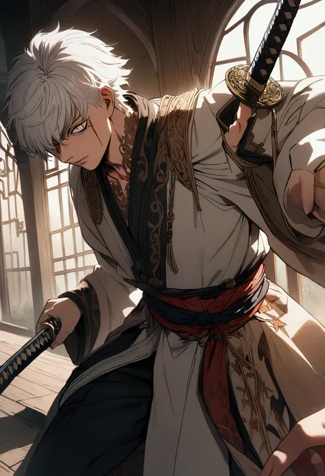 Hero of Shonen  , , white hair in spikes  , with a katana and a scar on his eye 