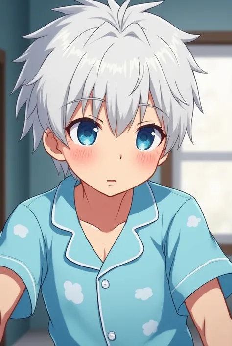 Anime of a 20-year-old boy with white hair and blue eyes,  taking a picture of himself, wearing light blue pajamas , sleepy face