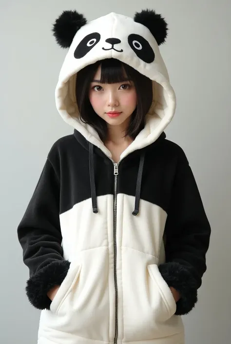 Panda costume for men and women,cabello oscuro, brown eyes, jacket with hat , Anime coat 