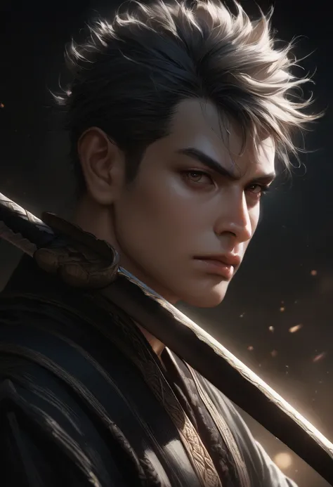 A  boy with white spiky hair, holding a katana sword, portrait, ultra detailed, high quality, digital art, realistic, photorealistic, intricate details, dramatic lighting, beautiful colors, cinematic, elegant pose, serious expression, samurai style, moody ...