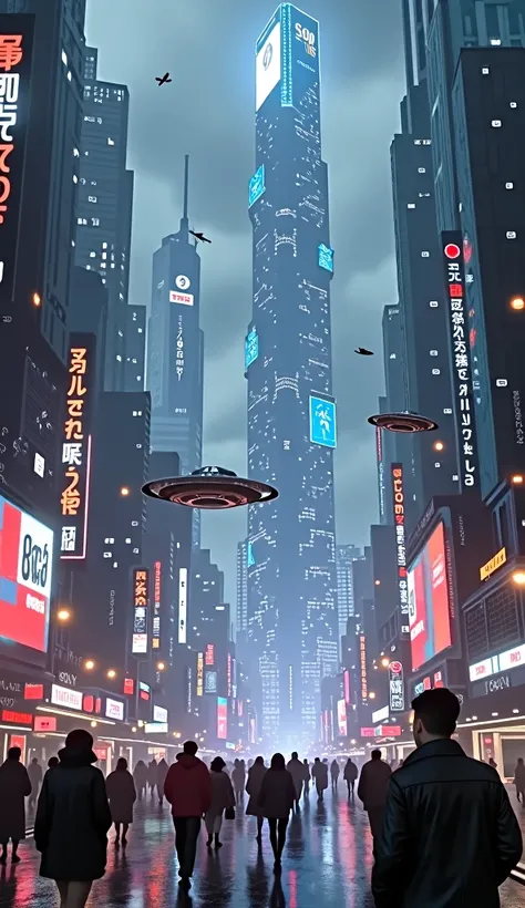 "A sprawling futuristic city at night, with glowing neon lights, flying cars, and towering skyscrapers made of glass and metal. The streets are bustling with people in futuristic attire, and holographic advertisements float in the air."