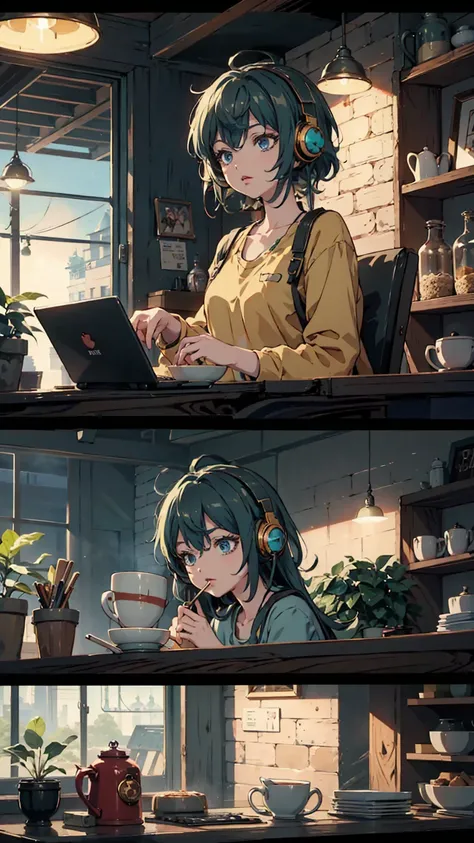 Create a nostalgic anime-style scene set in a cozy cafe. character, Wearing retro headphones, I&#39;m obsessed with my laptop, Surrounded by vintage decor. Capture something warm, Lo-fi music vibe.