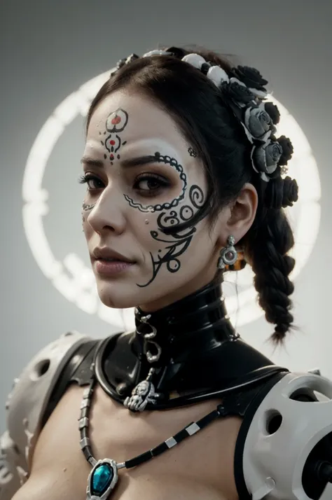 ultra detailed side portrait of female android, beautiful attractive Māori woman with white skin, (dia de los muertos), face is decorated with intricate catrina patterns, female cyberpunk android, very white skin, intricate robot body, very intricate skull...