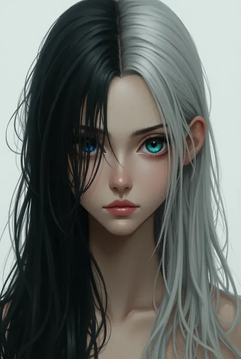 serious girl, by the wide, two-tone black and white hair, two-colored eyes blue and green.
