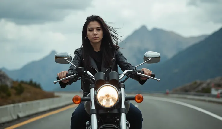 Medium distance photo. An 18 year old girl with long straight black wet hair hanging loose in the wind, on a Harley Davidson, cutting through the wind on the highway, wearing a leather jacket, no helmet, five fingers, feet on pedals, stunning landscape, mo...