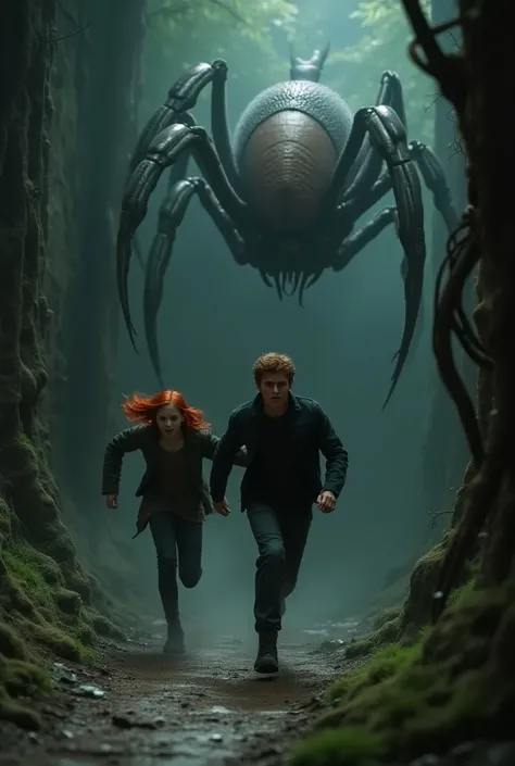 Newt, et une fille rousse  courent dans le labyrinth sombre, poursuivit par un monstre qui a des pates daraigné metalique, une quee de scorpion en métal et une tete en forme de fesse