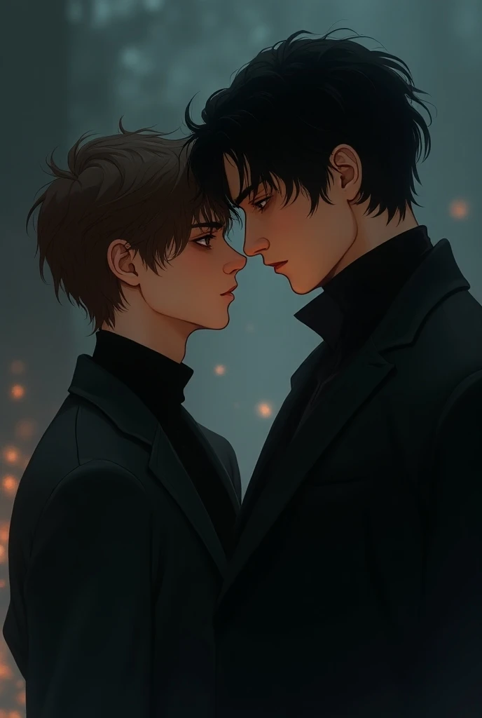  Two characters Beautiful Men ,Well done ,male,As if they were from a Manhwa ,And they are sweethearts , the smallest has brown hair and the tallest one has black hair,a suspenseful scenario as if they were in a dark romance