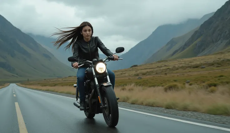 Medium distance photo. An 18 year old girl with long straight black wet hair hanging loose in the wind, on a Harley Davidson, cutting through the wind on the highway, wearing a leather jacket, no helmet, five fingers, feet on pedals, stunning landscape, mo...