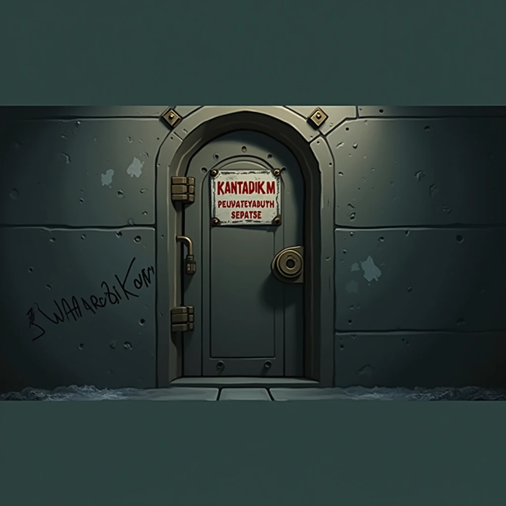 a door with a sign, set in bank vault room, door to lab, warning, sewer background, secret underground lab, shocking, open bank vault, open vault, random background scene, underground room, dungeon background, door in concrete wall in the dark, darkness, f...