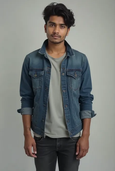 Vikram (21 years old): Indian young man with a casual, modern look. Wears a denim jacket over a plain T-shirt, dark jeans, and sneakers. He has short, slightly wavy hair and a light stubble that adds to his sad, contemplative expression.