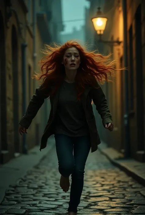  Young woman with red hair , long and wavy, Beaten woman runs down a cobblestone street at night while crying 