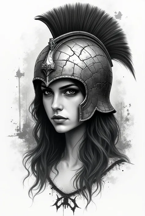 Blackwork art for tattooing a female , wearing a cracked Spartan helmet.