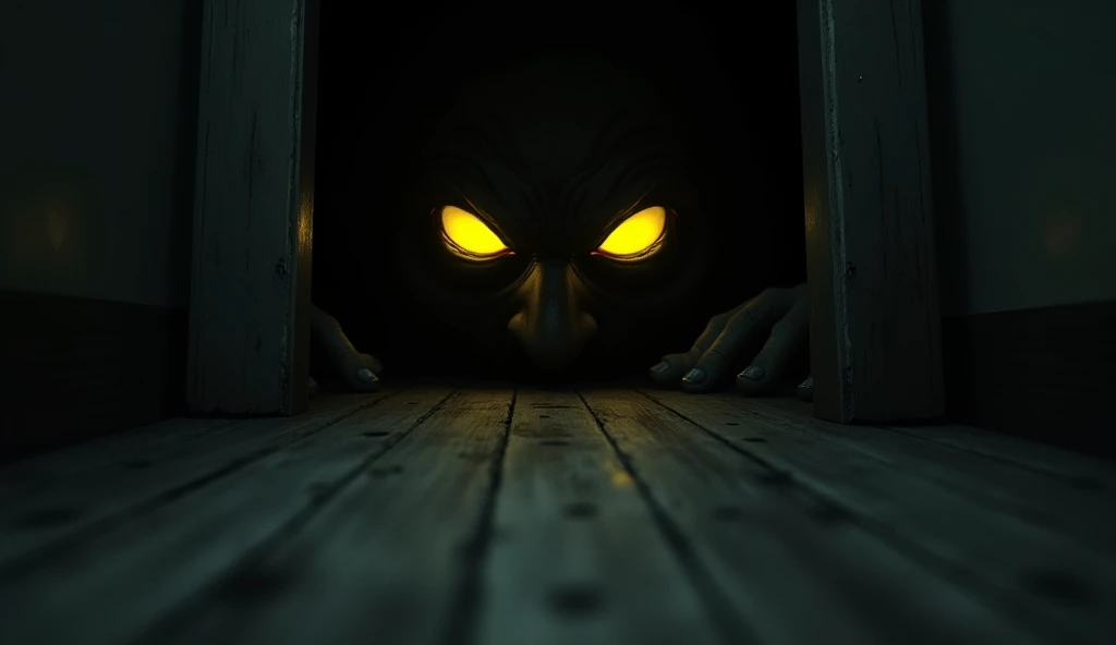 Under the crack under a door, Two horrible yellow eyes, glowing in the dark,  staring at him intently 