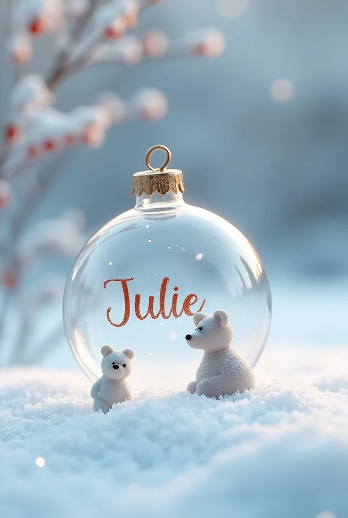   A transparent glass Christmas ball on the snow with writing "First name Julie  "   in French with a little pretty little Christmas bear  