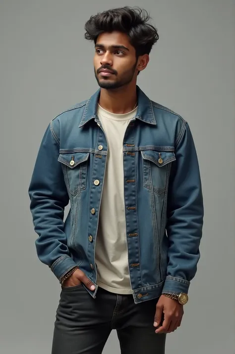 Vikram (22 years old): Indian young man with a casual, modern look. Wears a denim jacket over a plain T-shirt, dark jeans, and sneakers. He has short, slightly wavy hair and a light stubble that adds to his sad, contemplative expression.