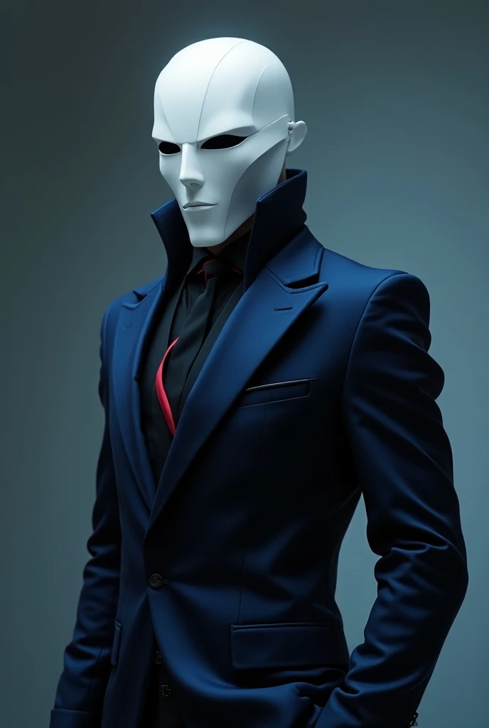 Make a Strategist using a white faceless mask and a stylish outfit with blue, black and red colors for twitch profile  