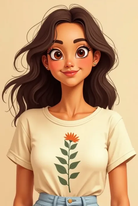 A Brazilian woman with slightly tanned skin,  wavy brown hair , 25 years old, extroverted, wearing a cotton t-shirt with a minimalist print of a painted plant ,  with light makeup highlighting a gentle and powerful side at the same time 
Do it with cartoon...