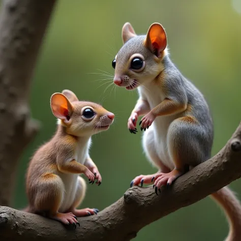  A hyperrealistic image in high definition of a baby flying squirrel and a baby kangaroo rat,  both in their natural environment ,  represented in their real proportional sizes .  The flying squirrel is found on a tall branch of a tree , con su fur espeso ...