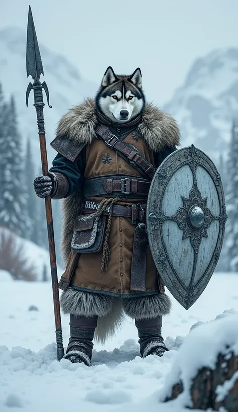  Imagine a warrior with the human body and the head of a Siberian Husky dog,  wearing heavy armor covered in thick fur for winter .  The warrior holds an ice shield and a sturdy spear , in a firm and fearless stance . In the background,  a landscape of sno...