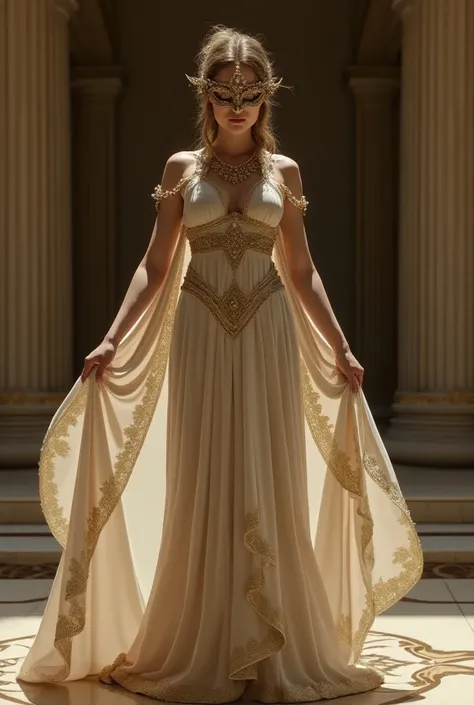 Amanda Seyfried dressed as a luxurious 19th century Greek goddess with a mask 
