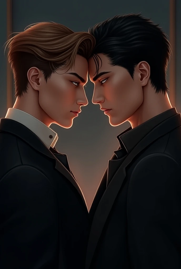  Two characters Beautiful Men ,Well done ,male,As if they were from a Manhwa , the smallest has brown hair and the tallest one has black hair,a suspenseful scenario as if they were in a dark romance