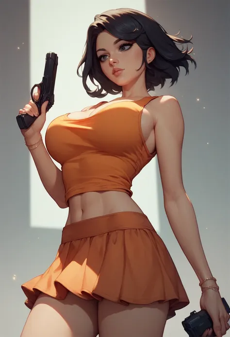 anime young pretty girl with long black hair, big breasts, very sexy legs, short orange skirt, orange tank top, beautiful black eyes, holding a black pistol in one hand, she is standing looking down
