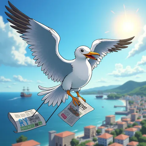 A seagull from the newspaper distributes Lsnlogo with the headline Q.Rs ONEPIECE NeWs