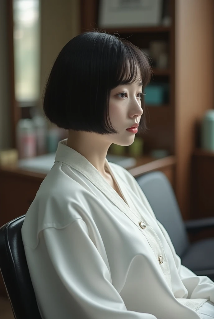 （Best Quality,4K,8k, Hi-Res,masterpiece:1.2), very detailed,(Realistic,photoRealistic,photo-Realistic:1.37),20th generation Korean beauties, full body、 straight short bowl cut hair with texture、Shaved nape 、Straight short bowl-cut hair with texture being c...