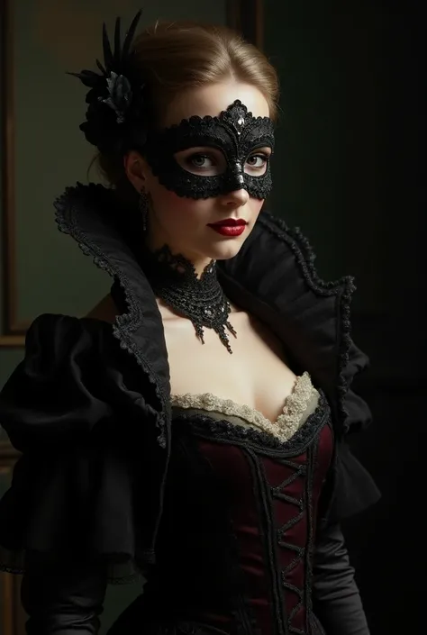 Amanda Seyfried dressed as a luxurious 19th century vampire with a mask 
