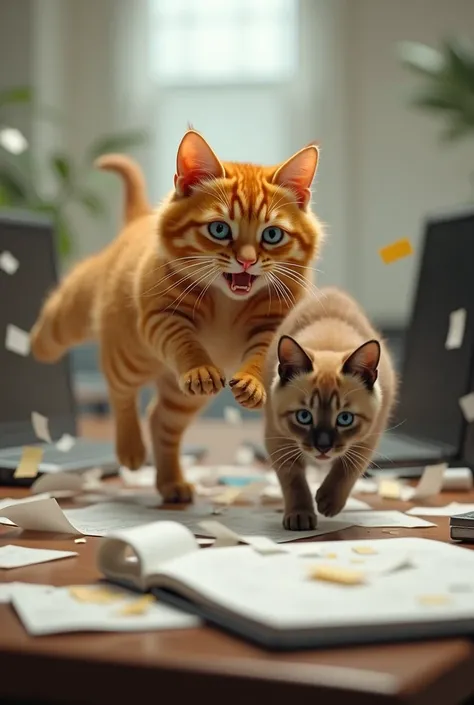  an orange cat chasing a Siamese cat on top of an office table with notebook. Papers flying everywhere as the two cats run over the table 