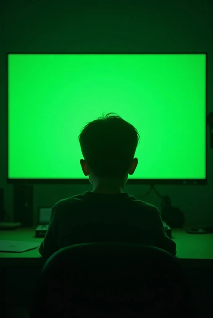 Generate an image of a boy facing a computer screen with the perspective of his back, the screen must be completely green. just the screen DEVE SER VERDE, just the screen